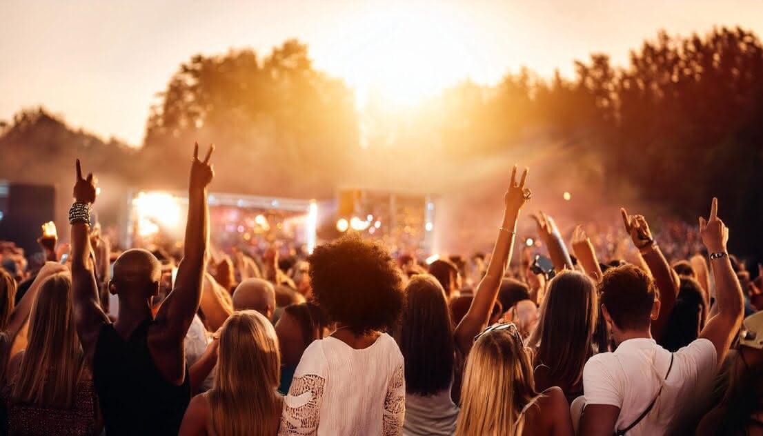 Crowd cheering at an outdoor music festival at sunset